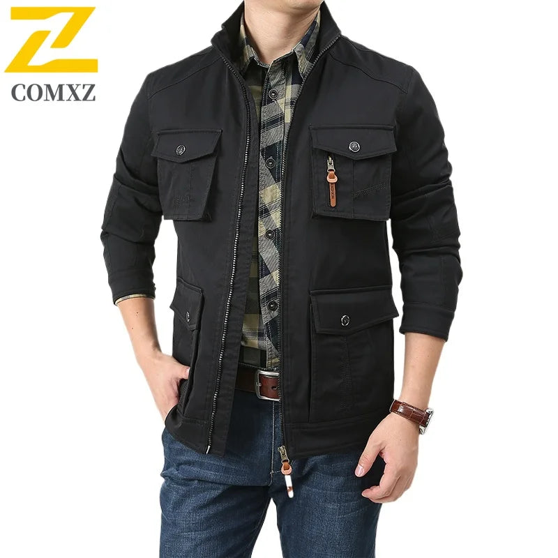 2025 New Workwear Jacket Outdoor Loose Breathable Multi Pocket Stand Up Collar Men's Coat Autumn Hunting Windproof Jacket M-5XL