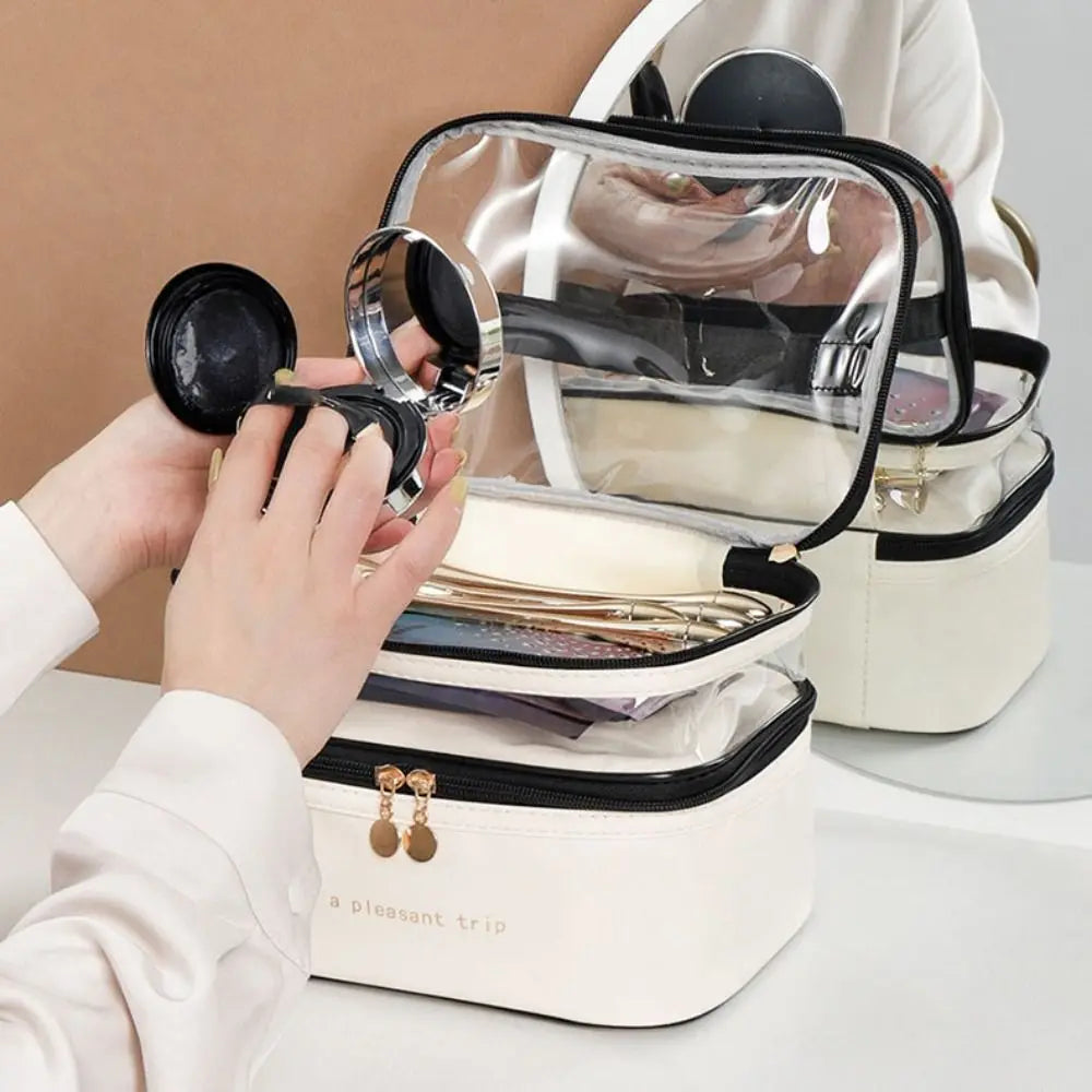 Waterproof Transparent Cosmetic Box PVC Double Layers Travel Toiletries Storage Bag PU Toiletries Organizer