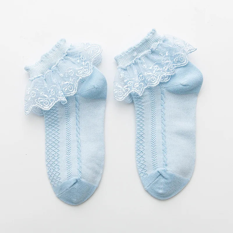 1 Pair Baby Girls Kids Socks Lace Ruffle Princess Mesh Children Short Breathable Cotton White Black Dance Toddler Socks
