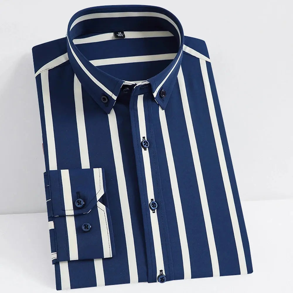 Men's Striped Button-Down Collar Design Iron-Free Dress Shirts, Long Sleeve Stretchy Casual Button Up Shirt for All-Seasons Beauty hair & fashionfj