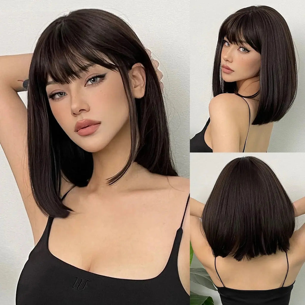 Short Black Brown Synthetic Natural Hair Wigs for Women Bob Straight Wig with Bangs High Temperature Daily Cosplay Party Wigs Beauty hair & fashionfj