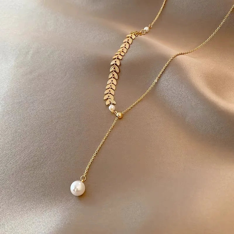 Real 18K Gold Wheat Ear Necklace For Women Natural Freshwater Pearl Necklace Wedding Party Valentine's Day Gift AU750 Jewelry Beauty hair & fashionfj