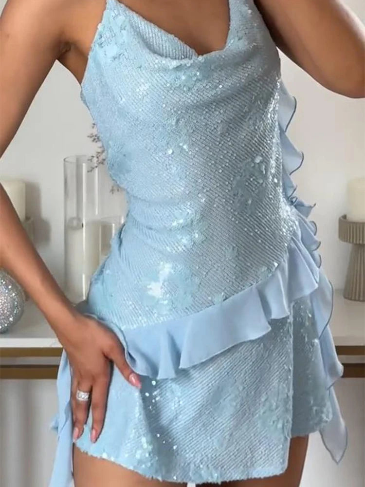 Glitter Flounce Mini Dress Woman Cinched Waist Sleeveless A-Line Halter Dresses Sexy Chic Women&