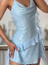 Glitter Flounce Mini Dress Woman Cinched Waist Sleeveless A-Line Halter Dresses Sexy Chic Women&