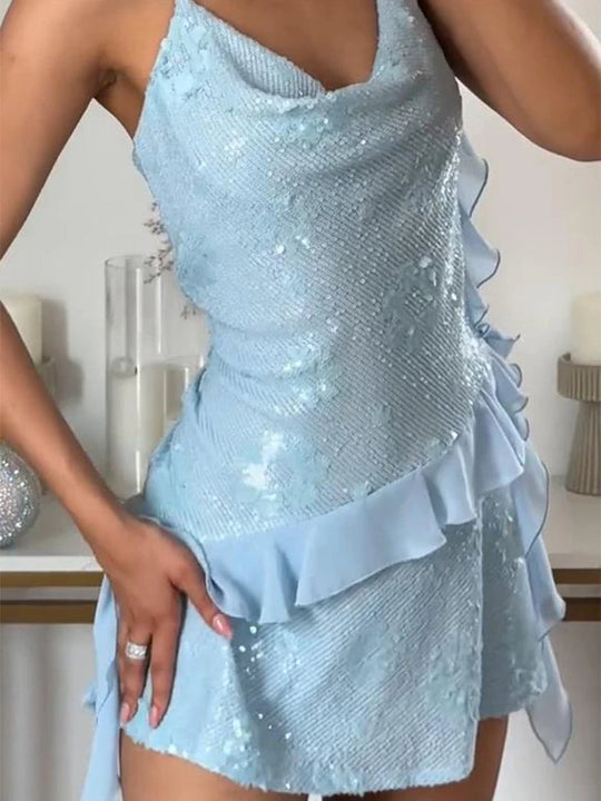 Glitter Flounce Mini Dress Woman Cinched Waist Sleeveless A-Line Halter Dresses Sexy Chic Women's Fashion Summer Short Dresses Beauty hair & fashionfj