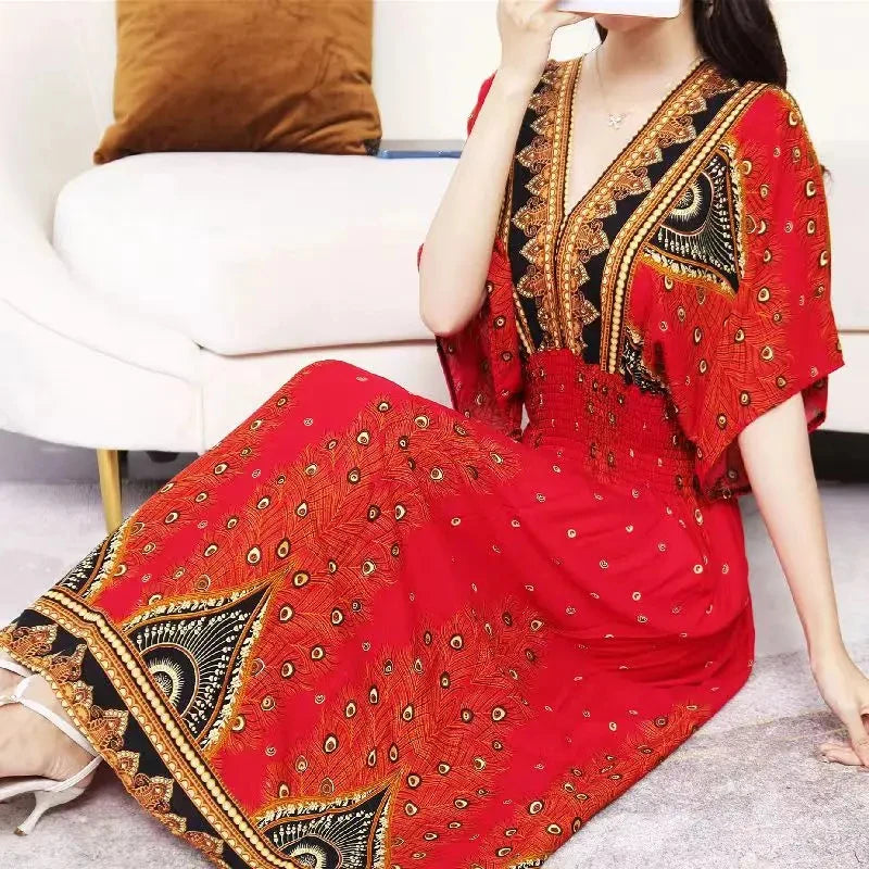 Summer Trend Ethnic V-Neck Printed Women's Dress Vintage Elegant Batswing Sleeves Elastic Waist Large Swing Casual Holiday Dress Beauty hair & fashionfj
