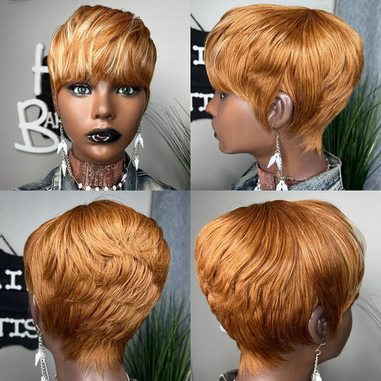 WIGERA Highlight Synthetic Short Straight Pixie Cut Hair Bob Wig Ombre Honey Blonde Mix Black Bronw Layered Hair Wigs For Woman