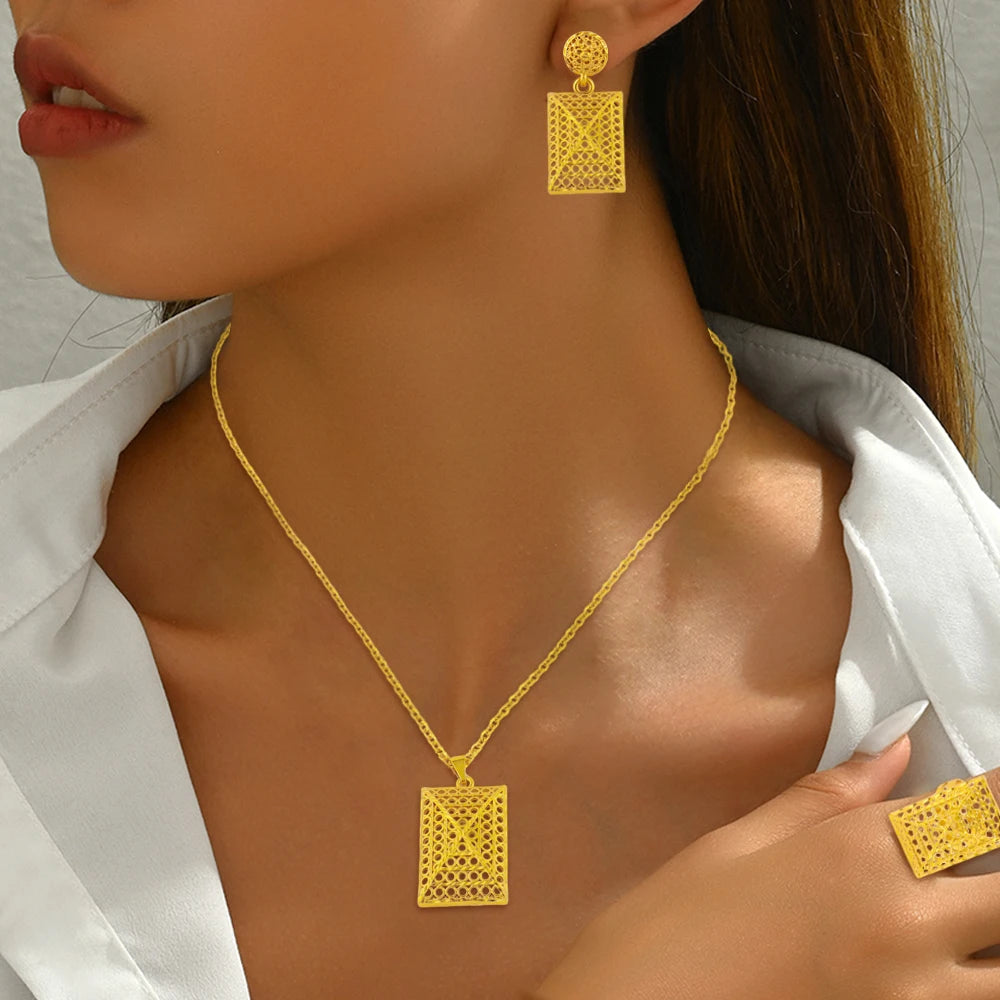 Mid East Gold-plated 3pcs Jewelry Set For Women India Dubai Jewelry Geometry Earrings Necklace Ring Set Apply for Party Wedding