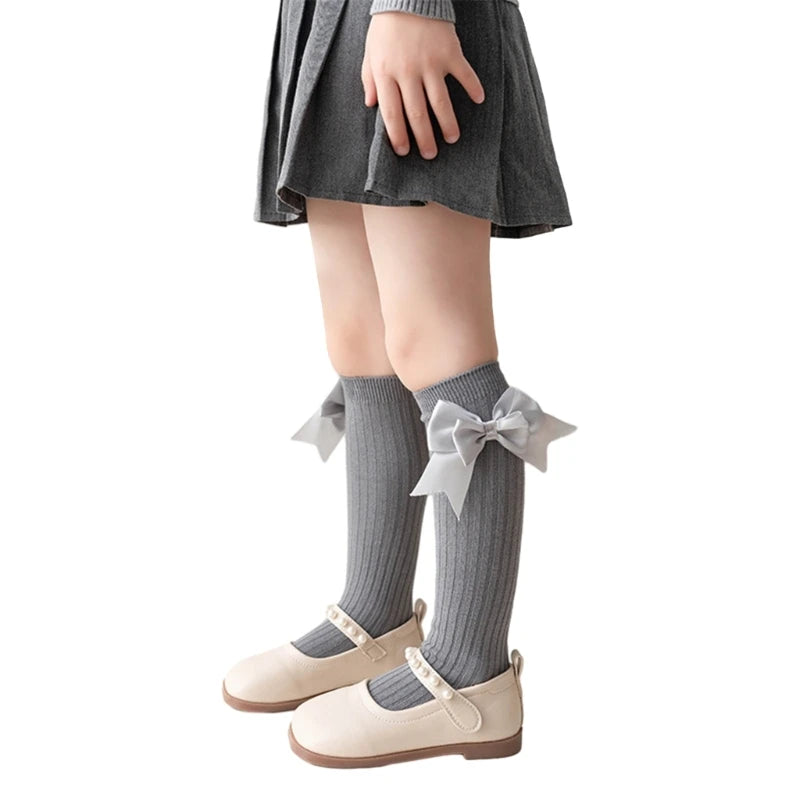 Pairs Girls Knee High Socks with Big Ribbons Bow, Back to School Socks Cotton Socks Uniform Party Wear Long Socks