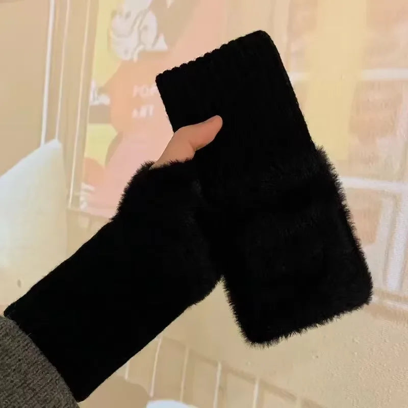 Women's winter gloves, thickened men's outdoor cycling gloves, connected finger gloves, half finger gloves, cotton new style