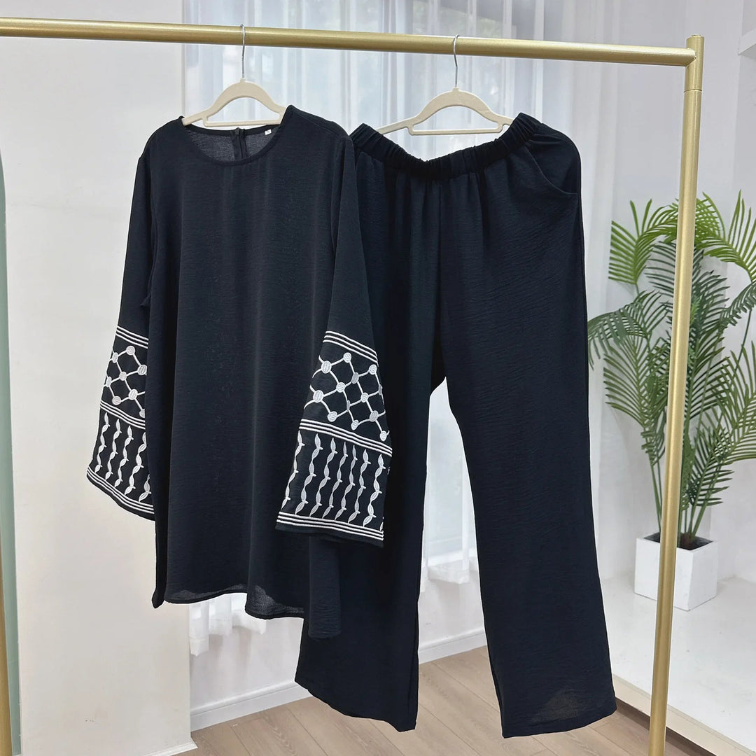 2PCS Embroidery Muslim Women Long Sleeve Tops Pants Set Dubai Turkey Outfits Islamic Clothing Kebaya Eid Ramadan Robe Abaya Suit Beauty hair & fashionfj