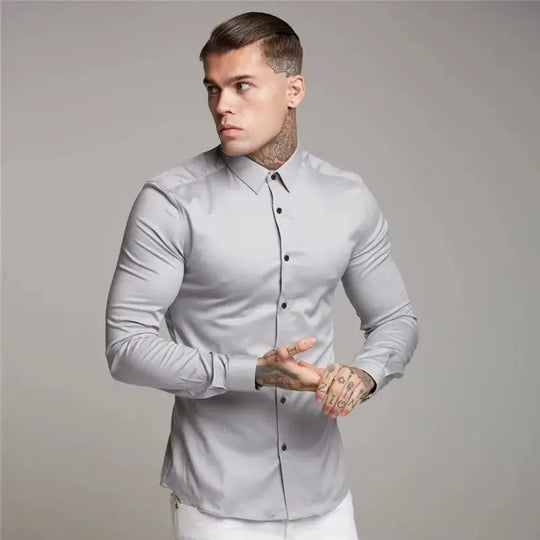 Men's Shirt Fashion Full Sleeve Shirt Men's Muscle Casual Slim-fit Business Dress Solid Color Shirt Men's Gym Fitness Men Shirt Beauty hair & fashionfj