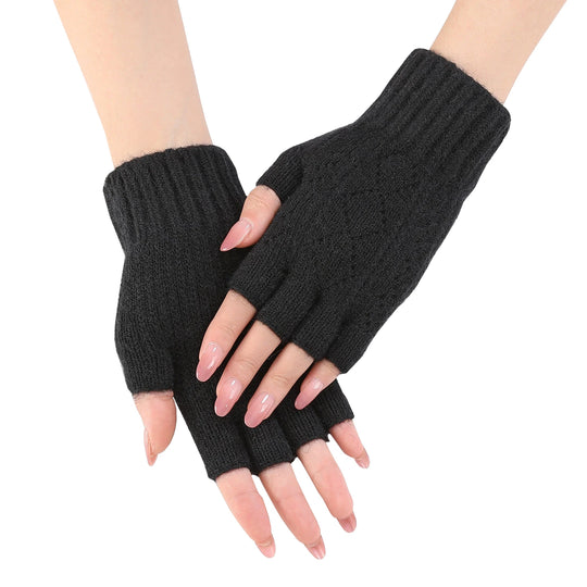Rimiut Women Fashion Autumn Winter Half finger gloves knitted with grid pattern Solid color gloves