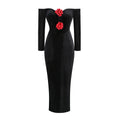 Elegant Off Shoulder Velvet Gown with Red Rose Appliqué – Black Romantic Dinner Luxury Evening Events Long Dresses Vestidos Beauty hair & fashionfj