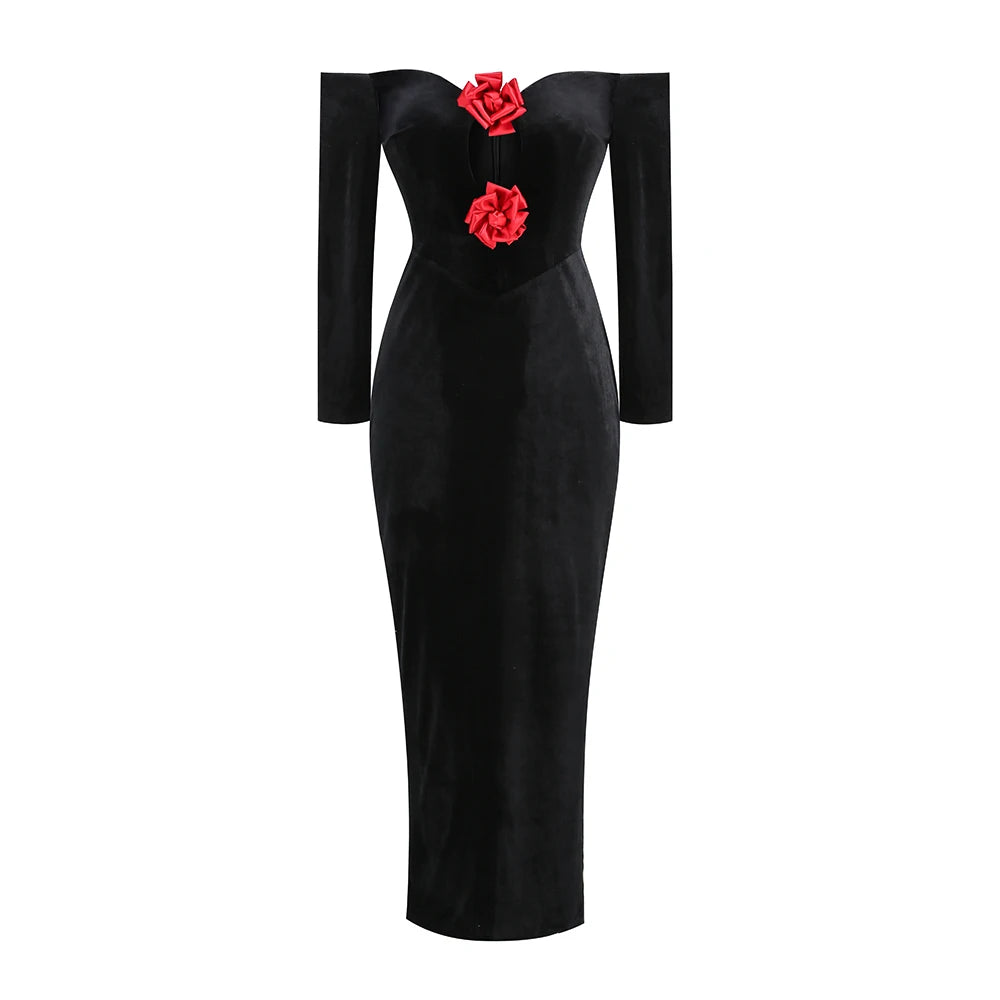 Elegant Off Shoulder Velvet Gown with Red Rose Appliqué – Black Romantic Dinner Luxury Evening Events Long Dresses Vestidos Beauty hair & fashionfj
