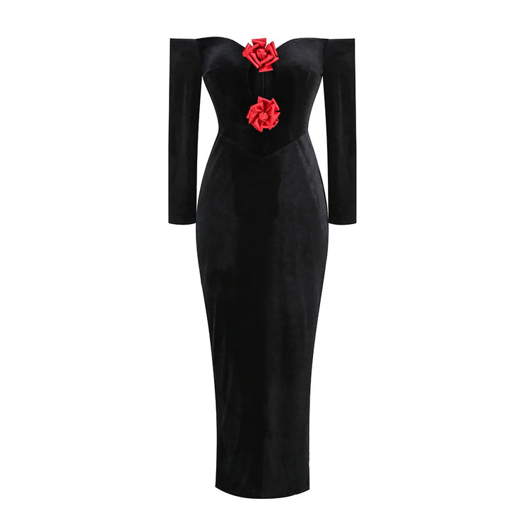 Elegant Off Shoulder Velvet Gown with Red Rose Appliqué – Black Romantic Dinner Luxury Evening Events Long Dresses Vestidos Beauty hair & fashionfj