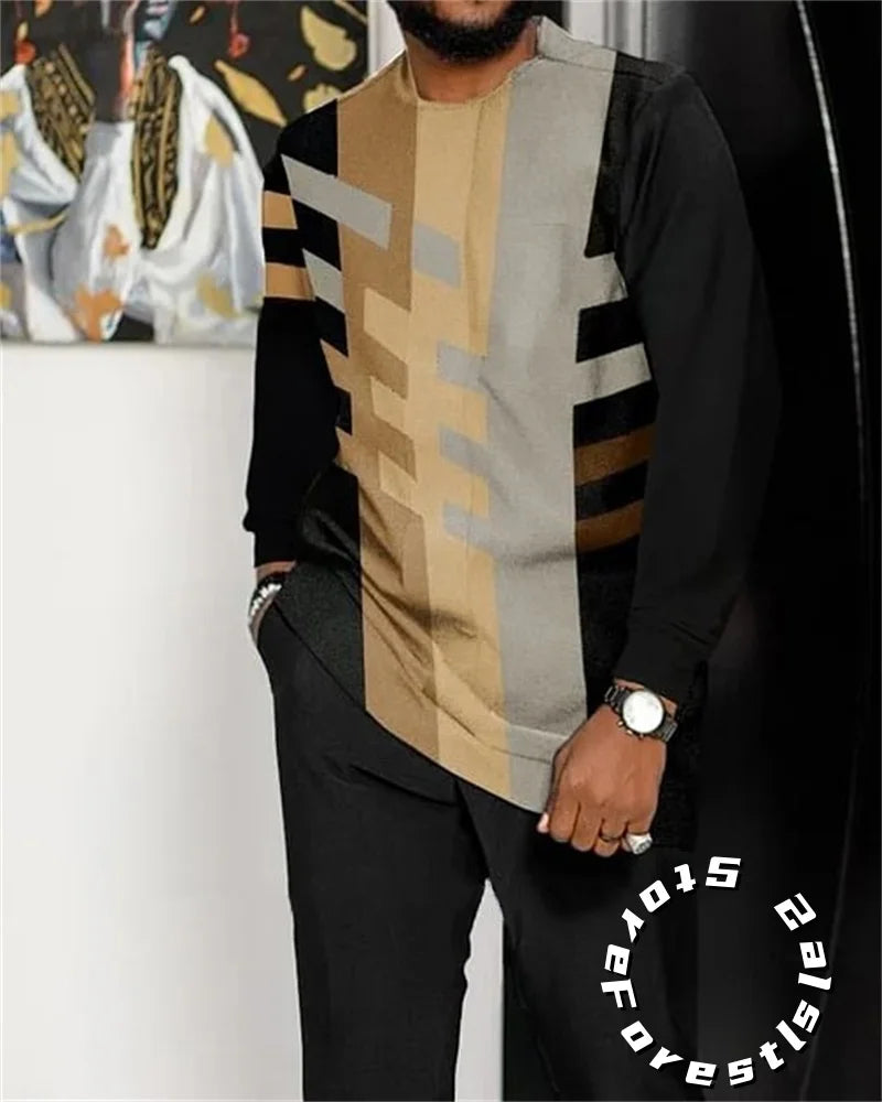 Men Tracskuit Set 2-piece Striped 3D Printed Casual Walking Suit Fashion Streetwear Long Sleeve T-Shirt Trousers Outfits Beauty hair & fashionfj