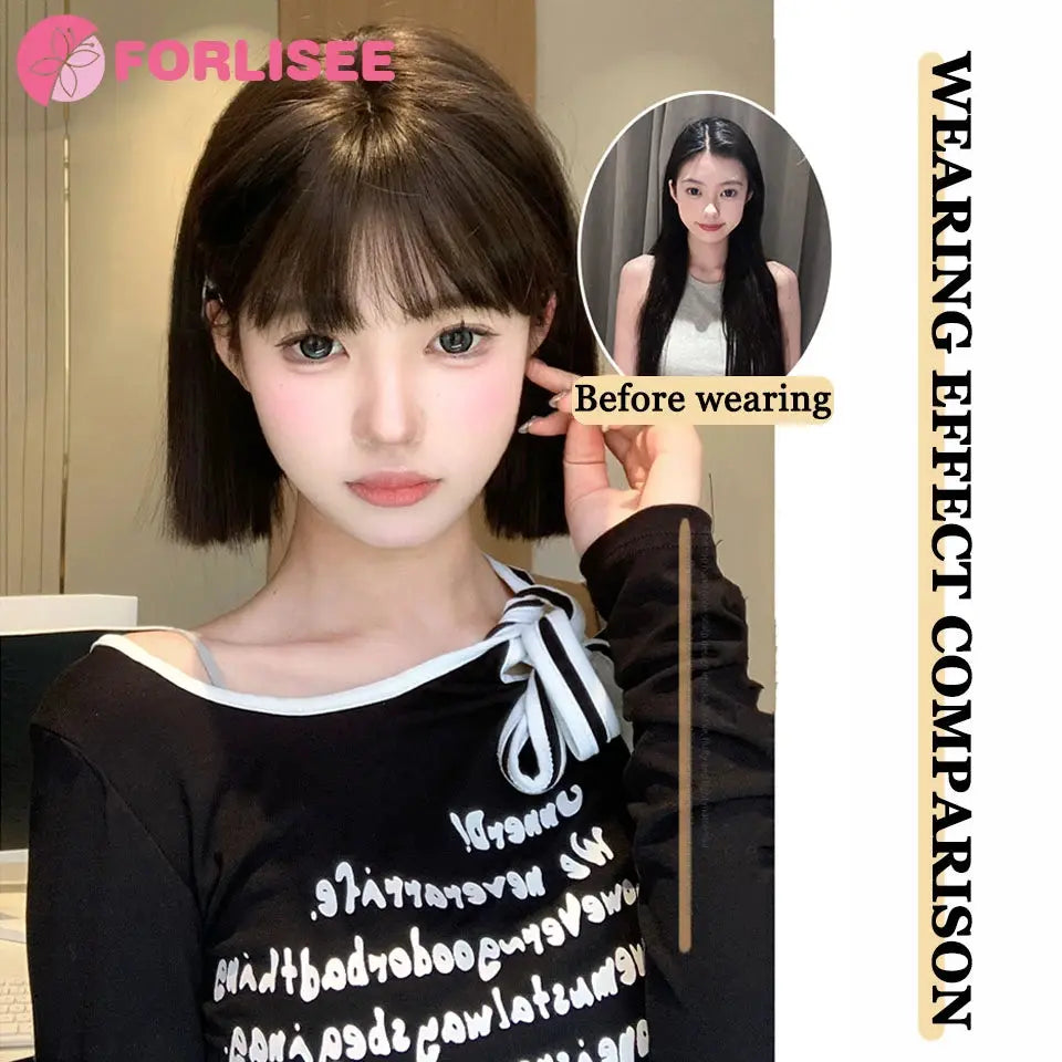 FORLISEE Synthetic Wig Short Black Brown with Bangs for Women Bob Straight Wig High Temperature Daily Cosplay Party Wigs Beauty hair & fashionfj