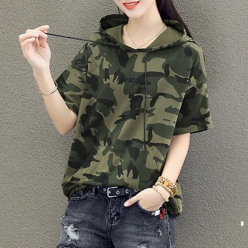 Hooded T-shirt Women Camouflage Short-sleeved Cotton T Shirt Summer Korean Style Tops Loose Thin Camouflage Uniform Student Tops Beauty hair & fashionfj