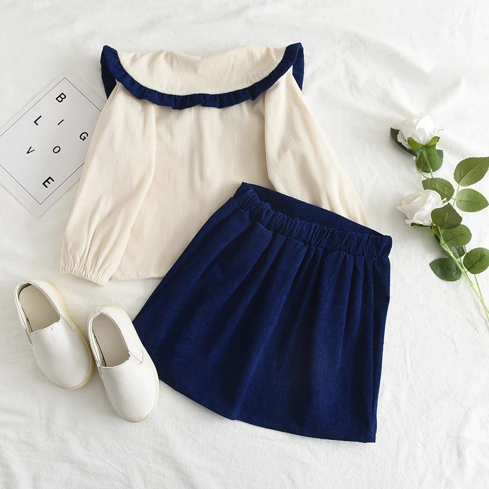 2023 Fashion Girls' Long Sleeve Half Skirt Set Autumn/Winter New Girls' Doll Neck Shirt Top+Bow Skirt Two Piece Set