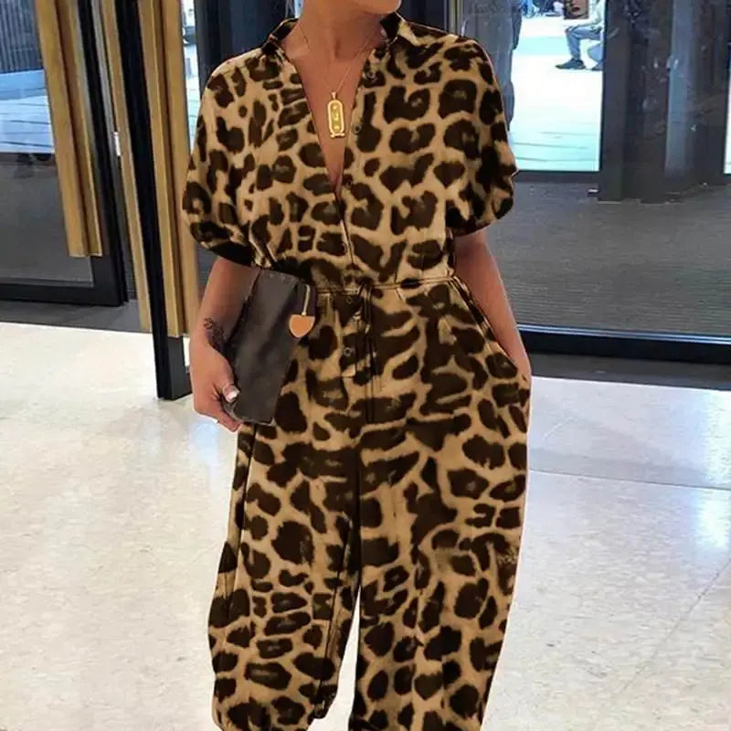Women's New Jumpsuit Long Fashionable Leopard Print Jumpsuit Women's Retro Short Sleeved Button Casual Loose Pants Jumpsuit Beauty hair & fashionfj