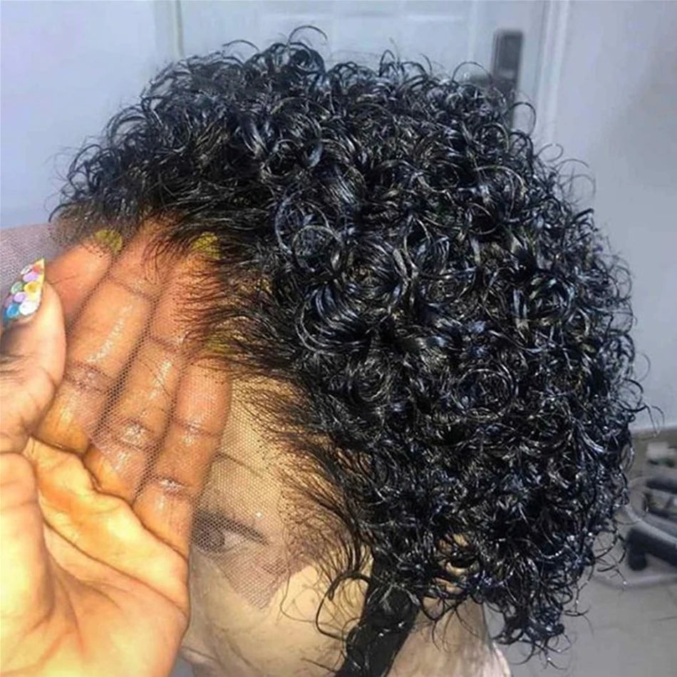 Pixie Cut Wig Transparent Lace Front Human Hair Wig Short Kinky Curly Bob Wigs Brazilian Water Wave Human Hair Wigs For Women Beauty hair & fashionfj