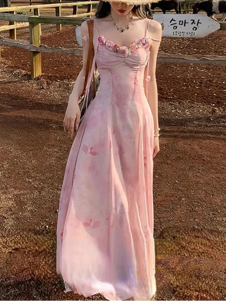 Casual Light Pink Printed Sleeveless Dress Beach Fashion Y2K Vintage Chic Summer French Retro Elegant Chiffon Midi Dress Women Beauty hair & fashionfj
