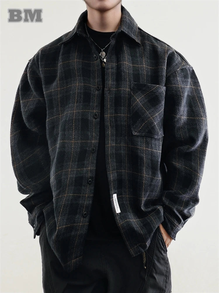 Mens Flannel Shirts American Vintage Streetwear Thick Plaid Oversized Cargo Long Sleeve Loose Fit Casual Workwear Autumn Winter Beauty hair & fashionfj