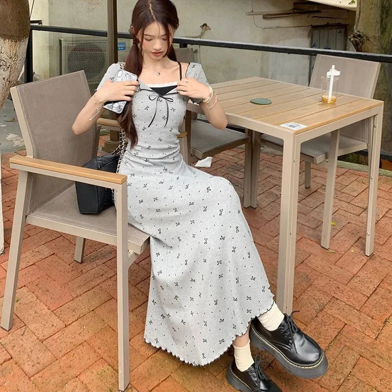 Lucyever Fake Two Piece Bowknot Print Dress Women Summer Lace Patchwork Short Sleeve Dresses Korean Fashion Slim Mini Dress Lady Beauty hair & fashionfj