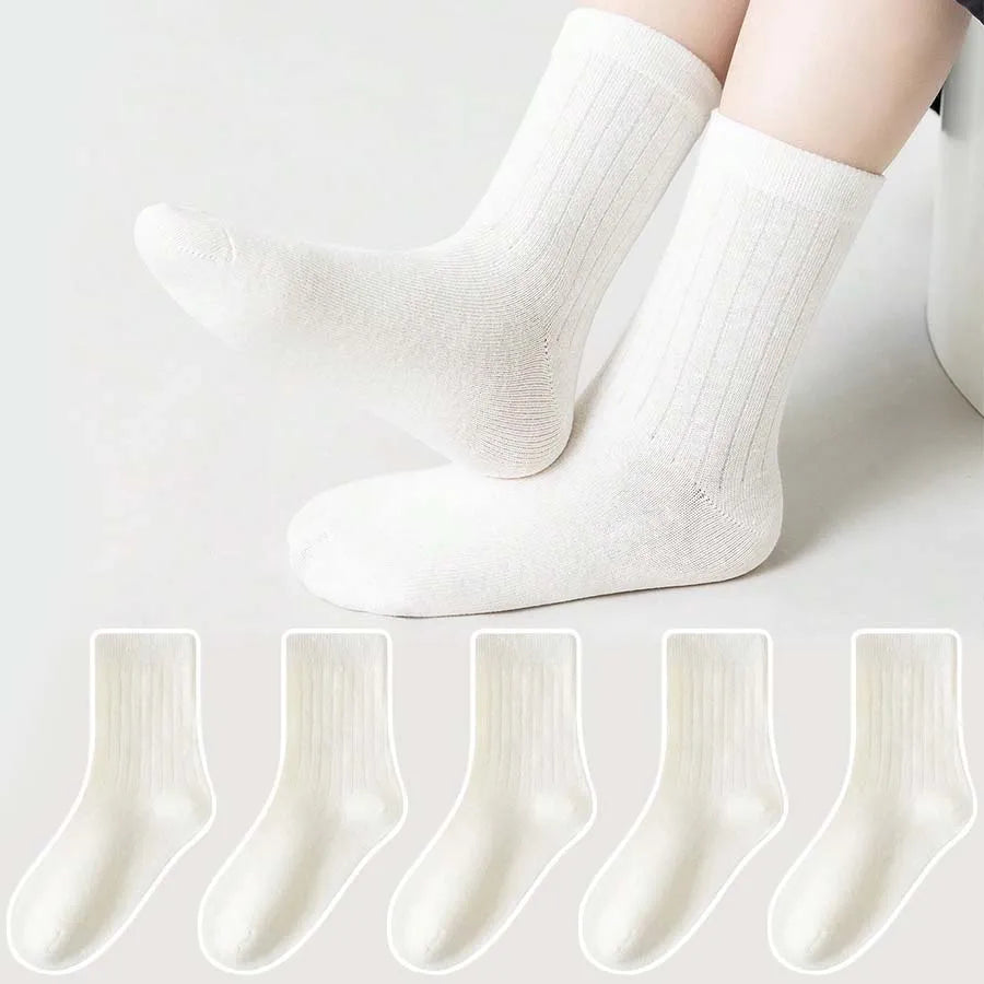 5 Pairs of Kidsren's Socks, White Pure Color, Cute and Versatile Mid-Calf Socks for Boys, Girls, Middle and Older Kidsren, Suitable for Daily Casual Wear