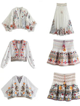 Batwing Sleeve Women Autumn Embriodery Paisley Print Skirt Set Outfits V Neck Button Tiered Mini Skirt Dress Suit Vintage Set Beauty hair & fashionfj