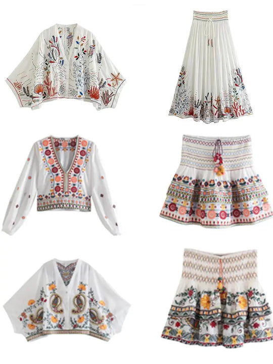 Batwing Sleeve Women Autumn Embriodery Paisley Print Skirt Set Outfits V Neck Button Tiered Mini Skirt Dress Suit Vintage Set Beauty hair & fashionfj