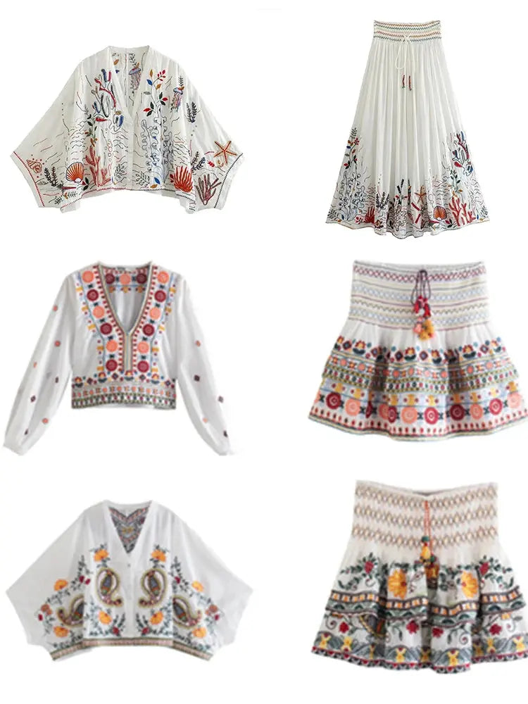 Batwing Sleeve Women Autumn Embriodery Paisley Print Skirt Set Outfits V Neck Button Tiered Mini Skirt Dress Suit Vintage Set Beauty hair & fashionfj