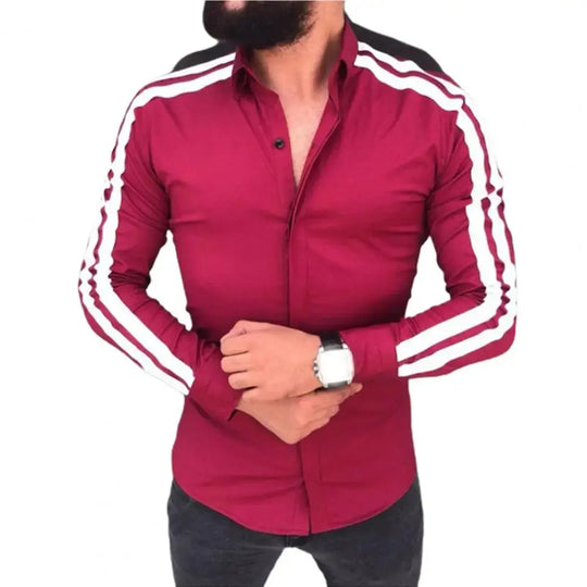 Long Sleeve Turn-down Collar Men Shirt Button Cuffs Side Striped Slim Office Shirt Leisure Clothing Casual Shirt korean popular Beauty hair & fashionfj