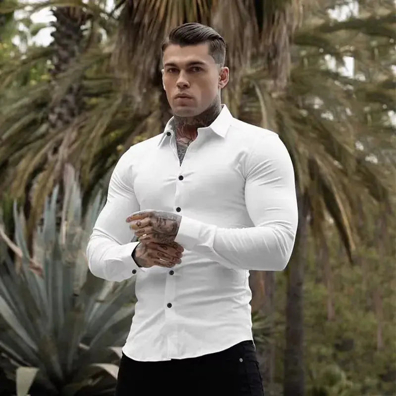 Men's Shirt Fashion Full Sleeve Shirt Men's Muscle Casual Slim-fit Business Dress Solid Color Shirt Men's Gym Fitness Men Shirt Beauty hair & fashionfj