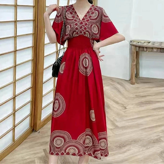 Summer Trend Ethnic V-Neck Printed Women's Dress Vintage Elegant Batswing Sleeves Elastic Waist Large Swing Casual Holiday Dress Beauty hair & fashionfj