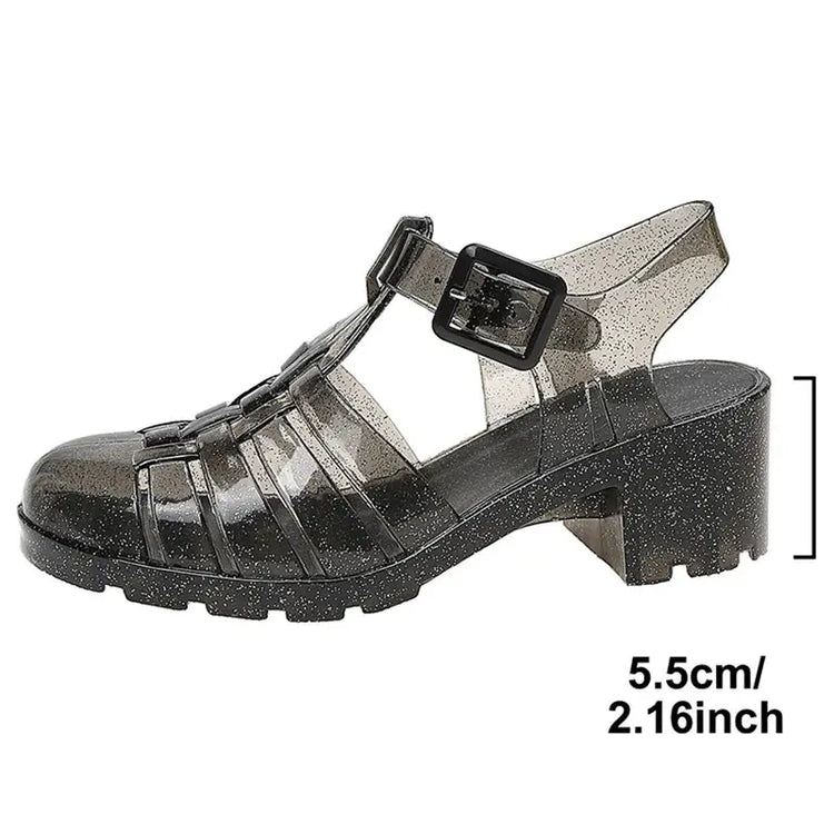 2025 New High Heels Transparent Sandals Women Summe Sequins Thick Heeled Rome Sandalias Mujer Closed Toe Beach Sandles Woman Beauty hair & fashionfj