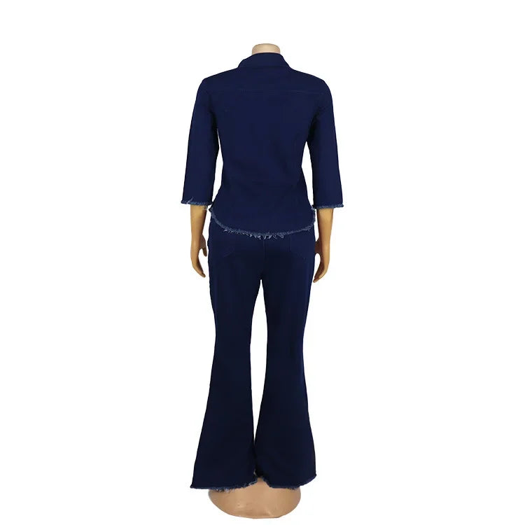 Two Piece Set Women Cowboy Suit Jean Jacket Single Breasted Turndown Collar Hole Flare Pants Female Outfits Casual Ensemble Beauty hair & fashionfj