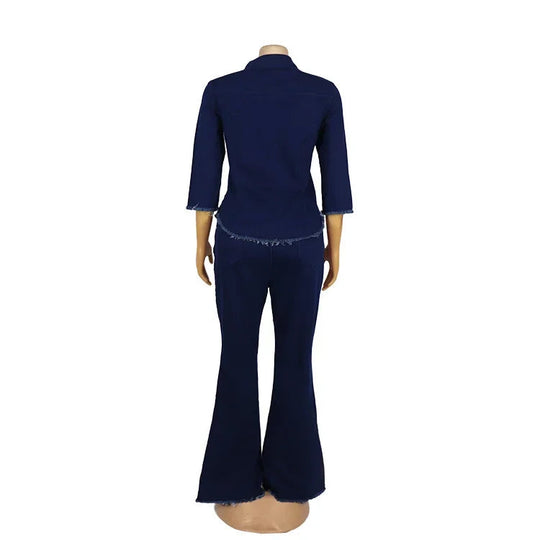Two Piece Set Women Cowboy Suit Jean Jacket Single Breasted Turndown Collar Hole Flare Pants Female Outfits Casual Ensemble Beauty hair & fashionfj