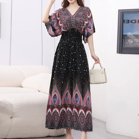 Summer Trend Ethnic V-Neck Printed Women's Dress Vintage Elegant Batswing Sleeves Elastic Waist Large Swing Casual Holiday Dress Beauty hair & fashionfj
