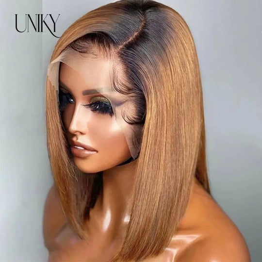 Short Straight Human Hair Ombre Blonde Cheap Short Bob Straight Wig For Black Women Transparent Lace Frontal Brazilian Remy 180% Beauty hair & fashionfj