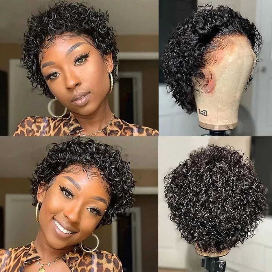 Pixie Cut Wig Transparent Lace Front Human Hair Wig Short Kinky Curly Bob Wigs Brazilian Water Wave Human Hair Wigs For Women Beauty hair & fashionfj