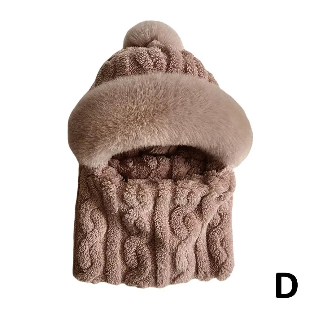 Winter Hat For Women Hooded Face Mask Fluff Keep Warm Thicken Style Neck Scarf Hooded Cap Beanie Knitted Cashmere Neck Warmer