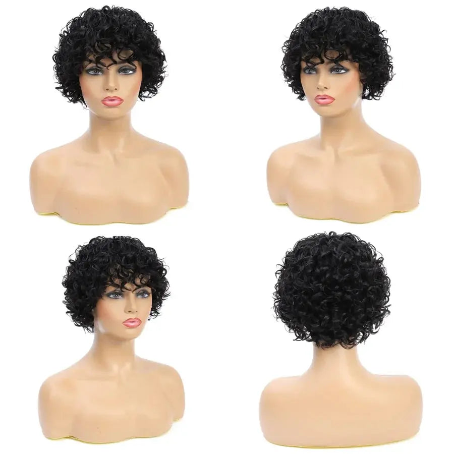 8 Inch Short Pixie Curly Bob Wig with Bangs Brazilian Human Hair Bouncy Curl Wig for Women Ready to Go Wig Beauty hair & fashionfj