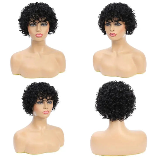 8 Inch Short Pixie Curly Bob Wig with Bangs Brazilian Human Hair Bouncy Curl Wig for Women Ready to Go Wig Beauty hair & fashionfj
