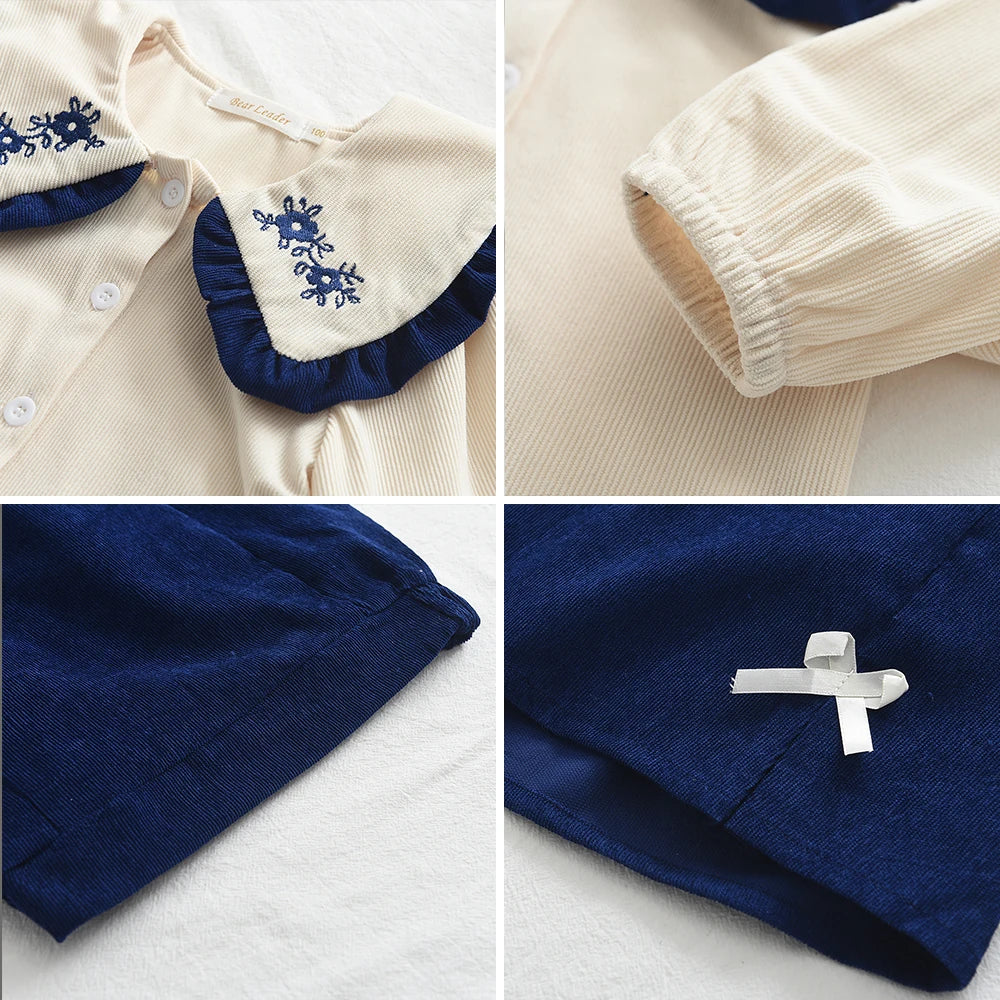 2023 Fashion Girls' Long Sleeve Half Skirt Set Autumn/Winter New Girls' Doll Neck Shirt Top+Bow Skirt Two Piece Set