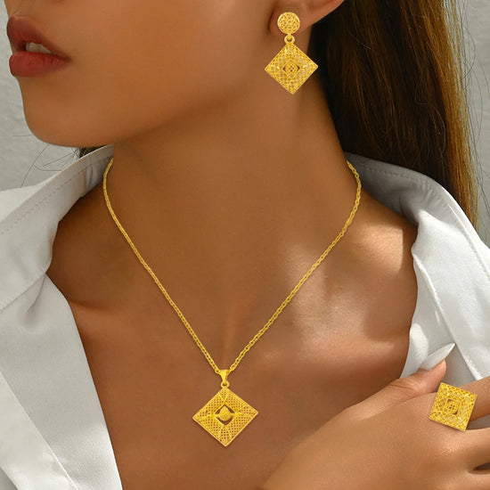 YM Gold Color Hollow Out Women Jewelry Set Mid East Dubai Earrings Ring Nigeria Necklace Jewelry Wholesale Gift for Mother&