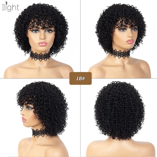 8 Inch Short Pixie Curly Bob Wig with Bangs Brazilian Human Hair Bouncy Curl Wig for Women Ready to Go Wig Beauty hair & fashionfj