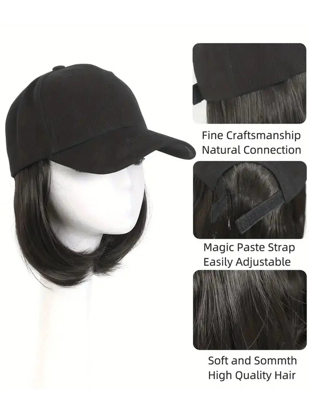 Hat Wigs Synthetic Short Bob Straight Wig With Black Baseball Cap Adjustable Hat Wigs Straight Hair Extensions For Women Fashion Beauty hair & fashionfj