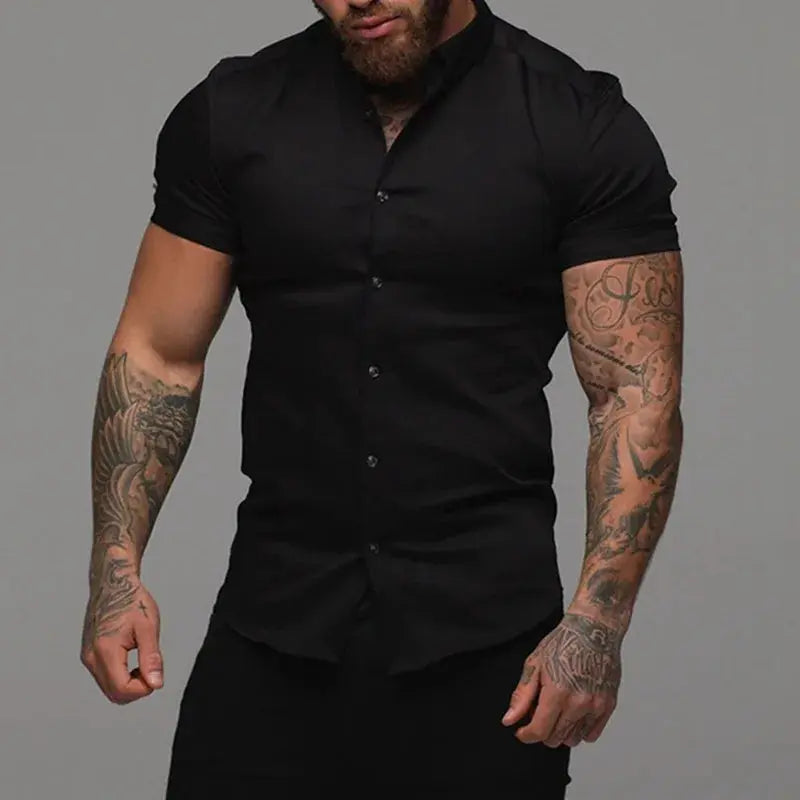 Men Slim Blouse Shirts Summer Casual Male Turn Down Collar Short Sleeve Button Tops LXDZ-110 Beauty hair & fashionfj